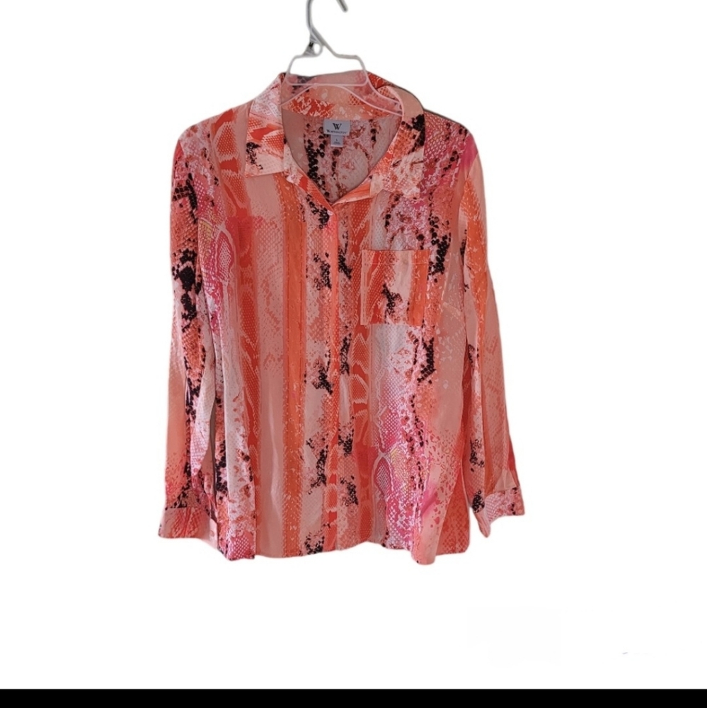 Worthington coral and pink Snake Print Button up blouse. Size Large